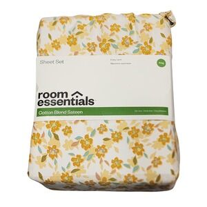 Room Essentials King Sheet Set Cotton Blend Sateen Yellow Floral 4 Piece NEW